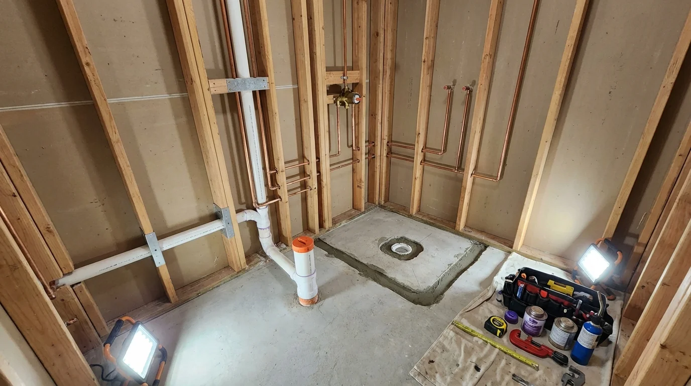 Bathroom rough-in plumbing during remodel by Johns Plumbing LLC in Maroa