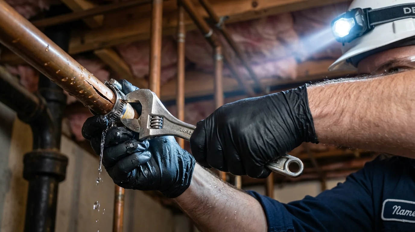 Emergency pipe clamp repair being performed by a Johns Plumbing LLC plumber in Maroa