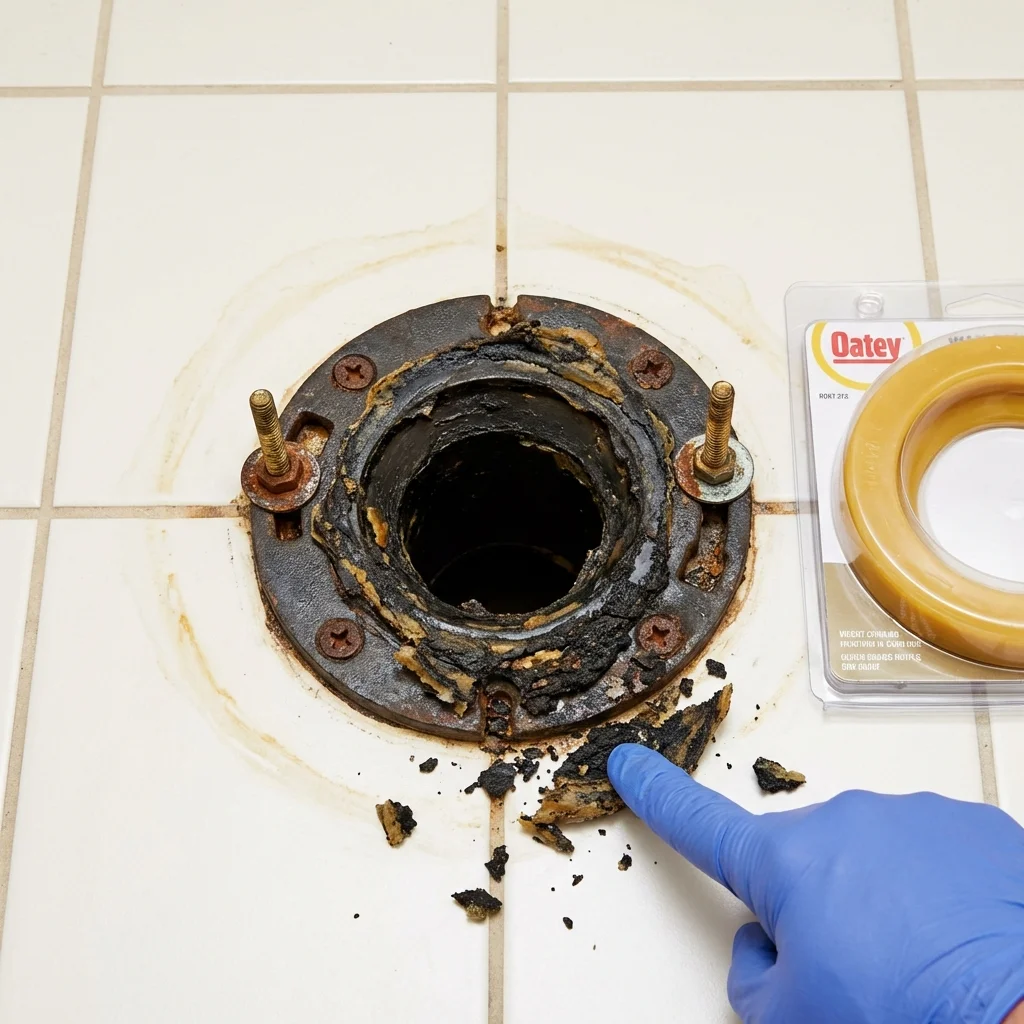 Failed wax ring showing water seepage at the base of a toilet in a Maroa, IL home